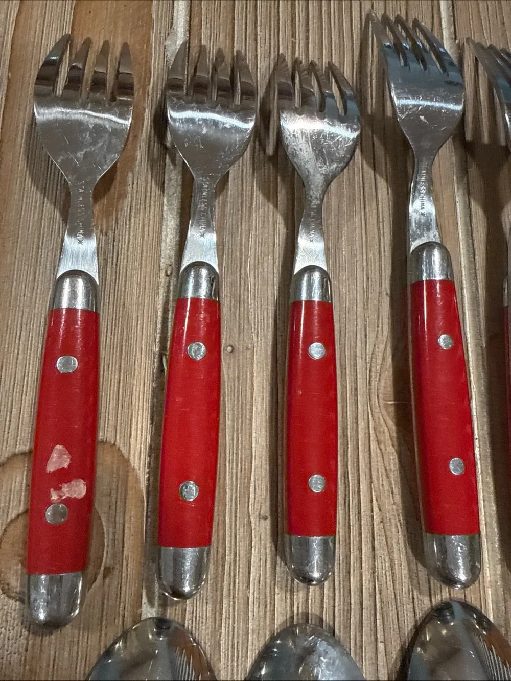 Vintage MCM Red Riveted Flatware 14 Pc Lot Stainless China X Knives Forks Spoons